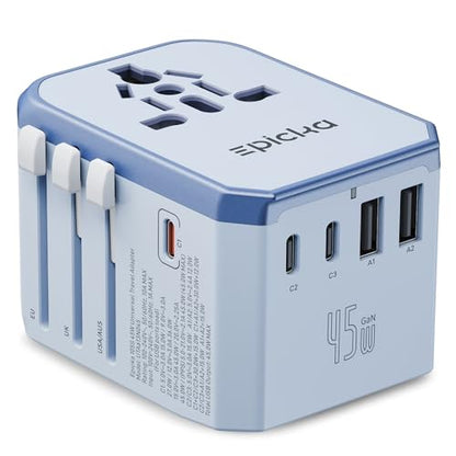EPICKA 45W Universal Travel Adapter PD&QC, 1AC/3USB-C/2USB-A - style: 45W-5USB(3 USB-C) Blue