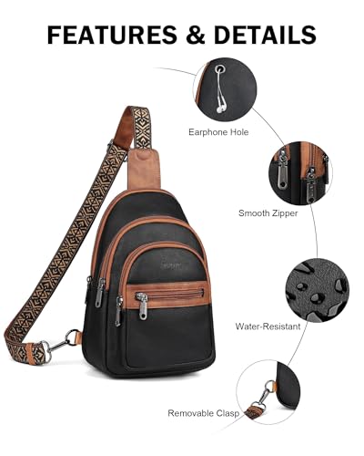 FADEON Sling Bag for Women, Designer Small Crossbody Bags, Adjustable Strap - color: Retro Black With Brown