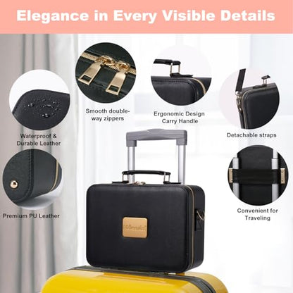 Mocado Travel Makeup Bag with Mirror Makeup Case with Brushes Dividers - color: Black with Hard Leather