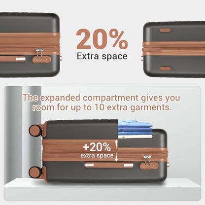 Kono Large Suitcase 28in Expandable ABS+PC 8pcs Silent Wheels Grey/Brown - color: Grey, size: Checked-Large 28-Inch