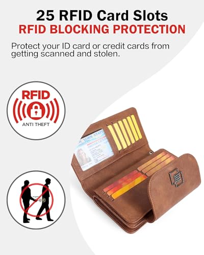 FADEON Leather Wallets for Women, Designer Large RFID Blocking Trifold - color: Beige Contrast Brown