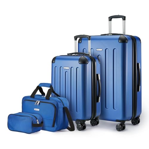 Amazon Basics 4-Piece Hardside Luggage Set with Multidirectional Spinner Wheels, 22" Carry-On, 28" Checked Suitcase, 15" Tote Bag and 10" Travel Case, Navy Blue - color: Navy Blue, size: 4-Piece Luggage Set