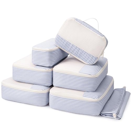 Narwey Packing Cubes for Travel, Luggage Organizer Bags for Women Kids - color: Greyish Blue Stripe