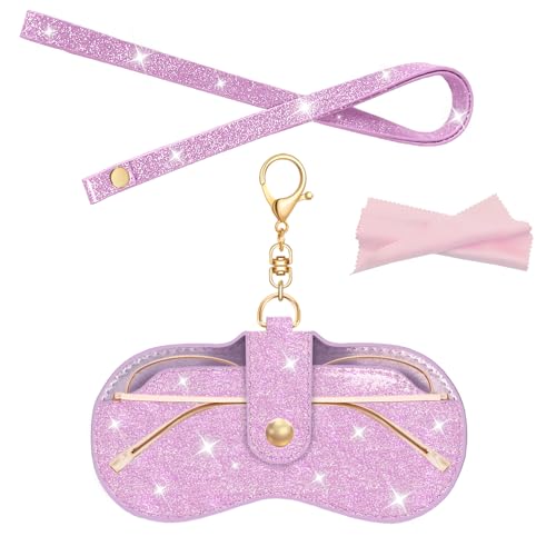 Glitter Glasses Case with Lanyard Soft Leather Sunglasses Bag with Hook - color: Purple