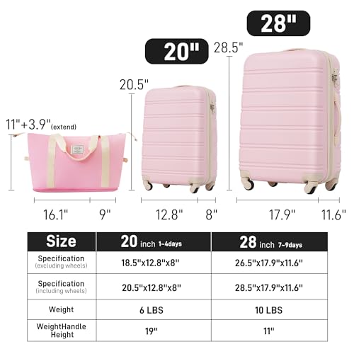 Merax Luggage Set 2 Piece 20 28 IN Hardside Suitcase with Bag,Light Pink - color: Light Pink(20+28+bag)