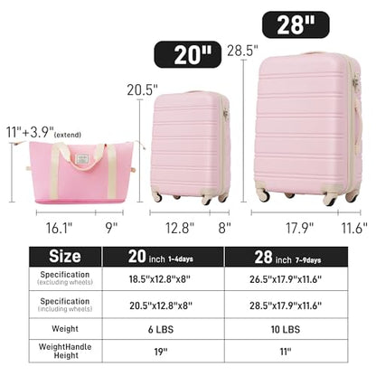 Merax Luggage Set 2 Piece 20 28 IN Hardside Suitcase with Bag,Light Pink - color: Light Pink(20+28+bag)