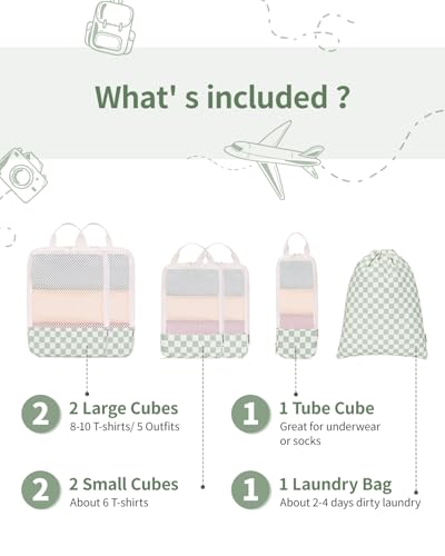 Narwey Compression Packing Cubes for Travel, Cute Luggage Organizer Bags - color: Z-Mint Green Checkerboard