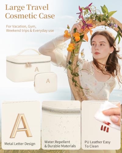 Custom Cosmetic Bag for Women Vacation Weekend Trips & Everyday Use Beige N | Initial Large Travel Cosmetic Case for Women with Metal Letter Design, Spacious Toiletry Organizer with Divider & Handle - size: N