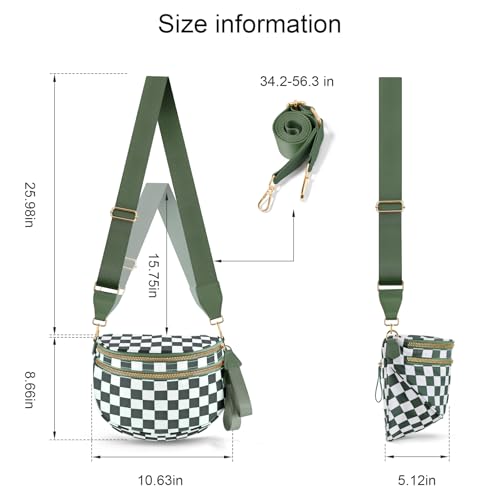 Checkered Crossbody Bags for Women, Large Nylon Bum Bags - color: Beans Green Checkered