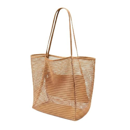 Mesh Beach Tote Bag for Women, Sandproof Quick Dry Foldable Travel Bag - color: Khaki