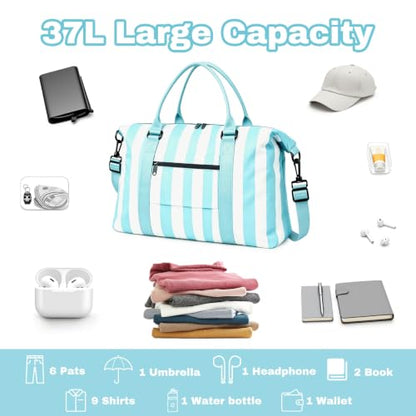 Travel Duffle Bag for Women, Carry On Weekender Tote with Trolley Sleeve - color: Blue White