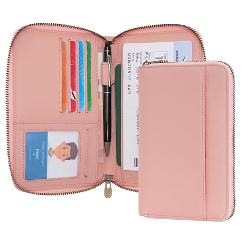 Leather Zipper Passport Wallet Holder Travel Essentials with RFID Blocking - color: Pink