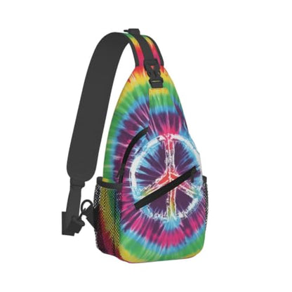 bassyil Tie Dye Peace Sign Rainbow Sling Bag Crossbody Travel Hiking Chest Backpack Shoulder Daypack for Women Men - color: Tie Dye