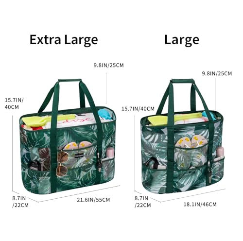 KABAQOO Mesh Beach Bag, Extra Large Beach Bags with 9 Pockets & Zipper Waterproof Lightweight Beach Tote for Beach/Pool Trip - color: Coconut Tree, size: Large