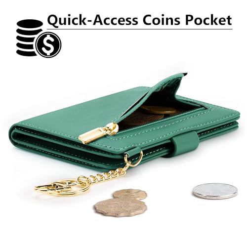 Airkit Small Wallet Women RFID, PU Leather Card Holder with Keychain - color: Deep Green