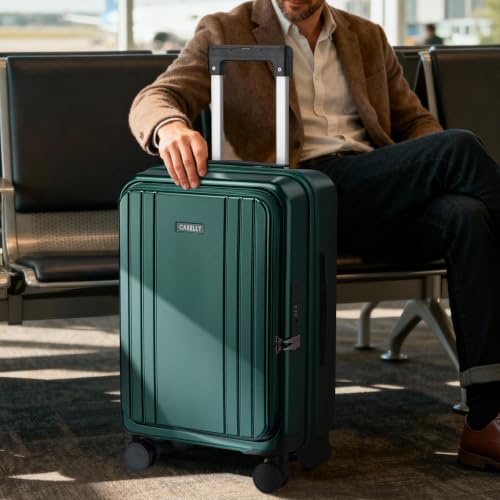 Carry On Luggage Top Opening with Cup Holder & Phone Holder, Expandable PC Hard Shell Suitcase with USB Charging Port, Side Hook, 360° Spinner Wheels, TSA Lock & YKK Zippers - color: Dark Green