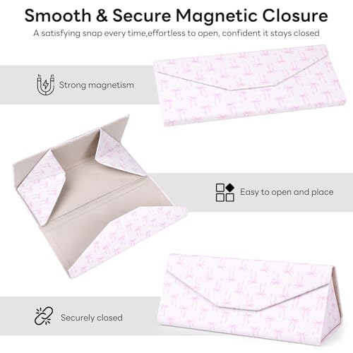 Sunglasses Case, Foldable Glasses Case, Magnetic PU Leather Hard Shell Folding Eyeglass Holder Box - color: Pink Bow