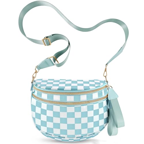 Checkered Crossbody Bags for Women, Large Nylon Bum Bags - color: Light Blue Checkered