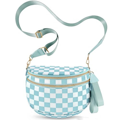 Checkered Crossbody Bags for Women, Large Nylon Bum Bags - color: Light Blue Checkered