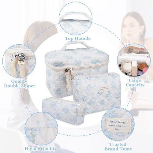 Gosect Makeup Bag Set, Quilted Makeup Bag, Large Floral Cosmetic Bag for Women, Cute Cotton Makeup Bags, Flower Travel Toiletry Organizer Bag (Blue Rose) - color: LMG