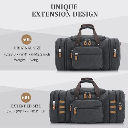 Gonex Canvas Duffle Bag, Expandable 60L Travel Overnight Weekender Bag - color: Dark Grey, size: X-Large-60L (With Toiletry Bag)