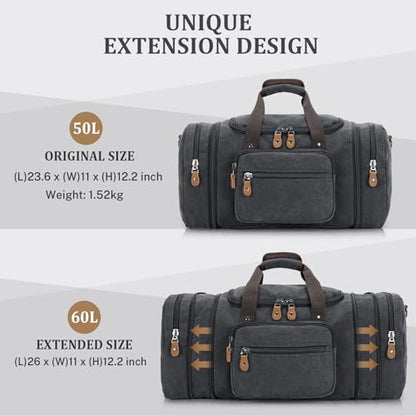 Gonex Canvas Duffle Bag, Expandable 60L Travel Overnight Weekender Bag - color: Dark Grey, size: X-Large-60L (With Toiletry Bag)