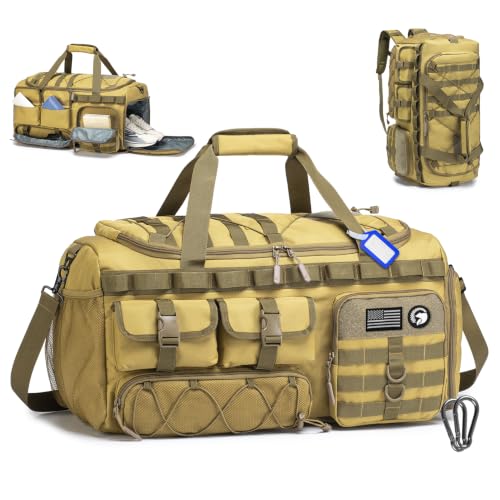 60L Gym Bag with Shoe Compartment 3 in 1 Tactical Duffle Bag - color: Khaki, size: 60L