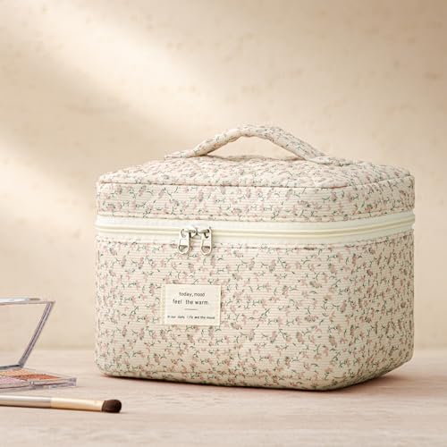 HBselect Quilted Makeup Bag, 3Pcs Cotton Large Travel Makeup Bags Organizer - color: A-3PCS-Floral 50