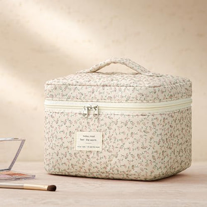 HBselect Quilted Makeup Bag, 3Pcs Cotton Large Travel Makeup Bags Organizer - color: A-3PCS-Floral 50
