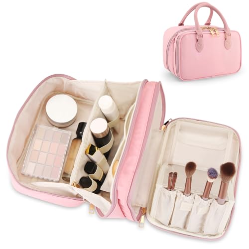 HauteHues Travel Makeup Bag for Women Stand Up Cosmetic Toiletry Case, Pink - color: Pink