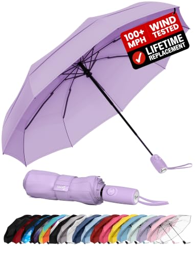 Windproof Travel Umbrella - Compact & Withstands Winds up to 100MPH, Strongest Premium Auto Folding Umbrella for Rain and Sun - Durable, Light & Portable for Women & Men, Fits Backpack & Cars - color: Pastel Lavender 1-Pack