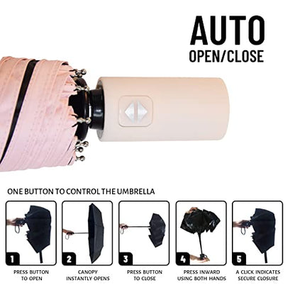SY COMPACT Umbrella Automatic Travel Waterproof Light Folding Umbrellas Easy Carry for Women and Men - color: Pink