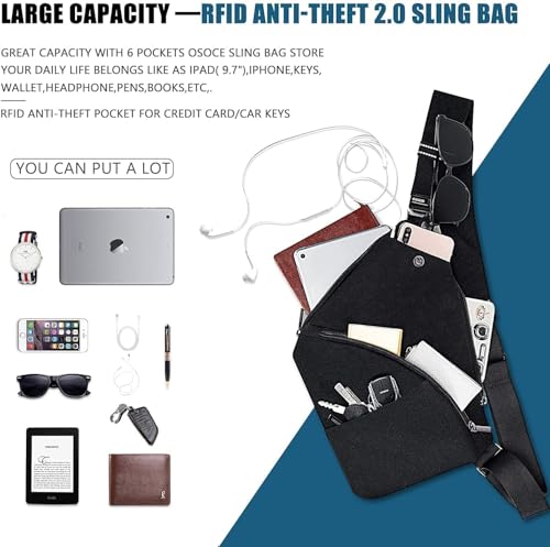 OSOCE Sling Bag for Men, RFID Blocking, Quick-Release Buckle, Black, 2.0S - color: Black 2.0, size: Small