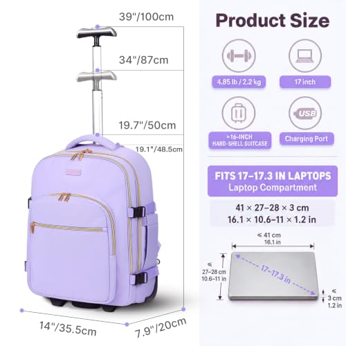 DEVPNR Rolling Backpack for Women, Travel Backpack with Wheels, TaroPurple - color: Taro Purple