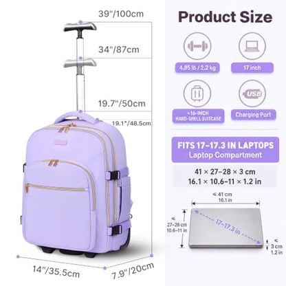 DEVPNR Rolling Backpack for Women, Travel Backpack with Wheels, TaroPurple - color: Taro Purple