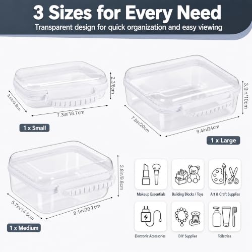 Clear Hard Shell Zipper Case 3PCS Set, 1.2mm PET Travel Organizer | Deep waterproof stackable storage pouches with handle. Heavy duty clear zipper bags for travel, makeup, toys and snacks - color: White