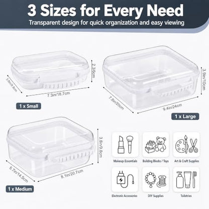 Clear Hard Shell Zipper Case 3PCS Set, 1.2mm PET Travel Organizer | Deep waterproof stackable storage pouches with handle. Heavy duty clear zipper bags for travel, makeup, toys and snacks - color: White