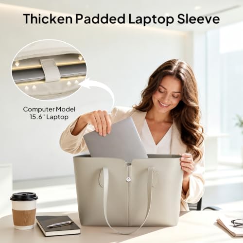 TOPEAST Tote Bag for Women 15.6" Work Handbag with Removable Laptop Sleeve - color: Greige