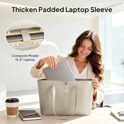 TOPEAST Tote Bag for Women 15.6" Work Handbag with Removable Laptop Sleeve - color: Greige