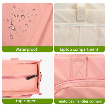 oscaurt Work Tote Bag for Women, 18 Pocket Laptop Tote, 15.6" Compartment - color: Pink