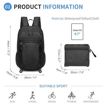 20L Small Hiking Backpack for Women Men Packable Daypack Black - color: Black, size: 20L