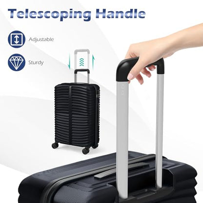 GYMAX Luggage Sets 3 Pieces Hardside Suitcase with Spinner Wheels & Lock, 20” Carry On, 24” & 28” Checked Luggage Set, Lightweight Portable for Travel, Business (Black,Pin Stripe) - color: Black, style: Pin Stripe