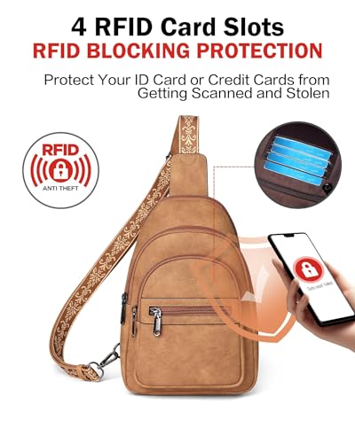 FADEON Sling Bag for Women, Designer Small Crossbody Bags, Adjustable Strap - color: Camel Brown Suede Style