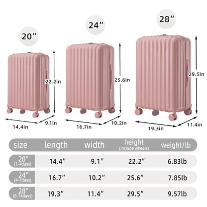 3 Luggage Sets, Hardshell Suitcase Spinner Wheels with Combination Lock - color: Vertical stripes pink, size: 20/24/28 Inch