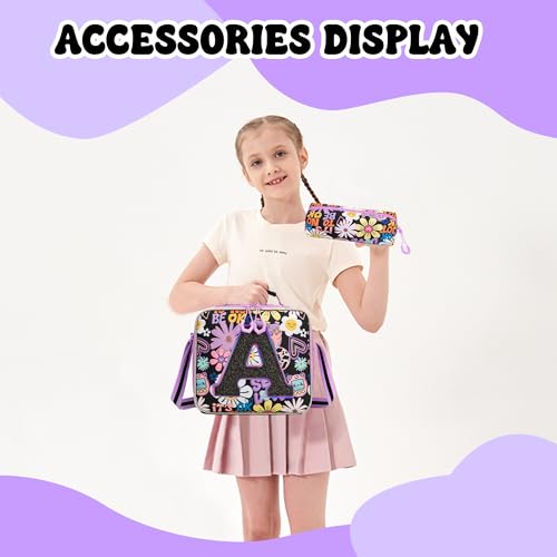 Meetbelify 3 in 1 Backpack with Wheels for Girls Rolling Letter Backpack Cute Carry on Backpack Kids Luggage with Lunch Box Pencil Case for Elementary Student - color: Black Flower