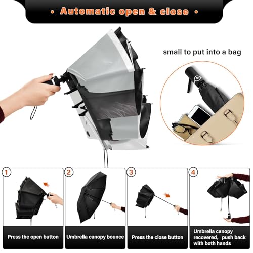 JIPONI Windproof Travel Umbrellas 01 - Large Compact Umbrella for Rain & Sun, Automatic Anti-UV Protection and Light Folding for Backpack & Car - color: Cat