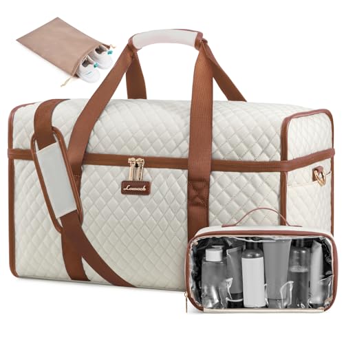 LOVEVOOK Travel Duffle Bag - Weekender & Overnight Bag with Toiletry & Wet Pocket, Carry-On Size, 3pc Set - color: Beige-Brown, size: Extra Large