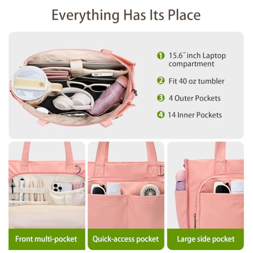 oscaurt Work Tote Bag for Women, 18 Pocket Laptop Tote, 15.6" Compartment - color: Pink