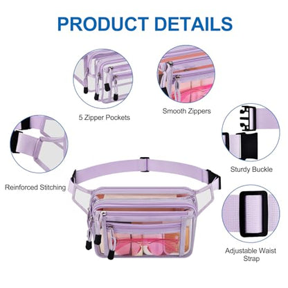 USPECLARE Clear Fanny Pack Stadium Approved Large Multi-Purpose Waist Bag - color: Light-Purple, style: 1-pack-pvc