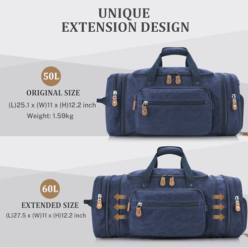 Gonex Canvas Duffle Bag, Expandable 60L Travel Overnight Weekender Bag - color: Blue, size: X-Large-60L (With Shoe Compartment)